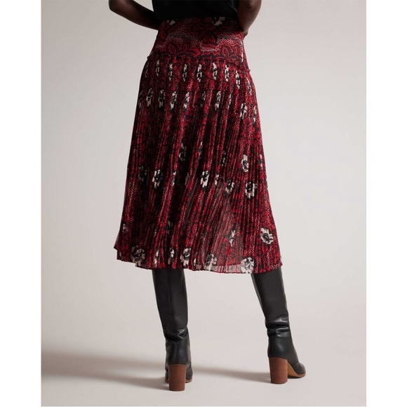 Ted Baker Ariello Pleated Dropped Waist Midi Skirt Lined Red Black Sz 2 US 6 - Picture 1 of 15